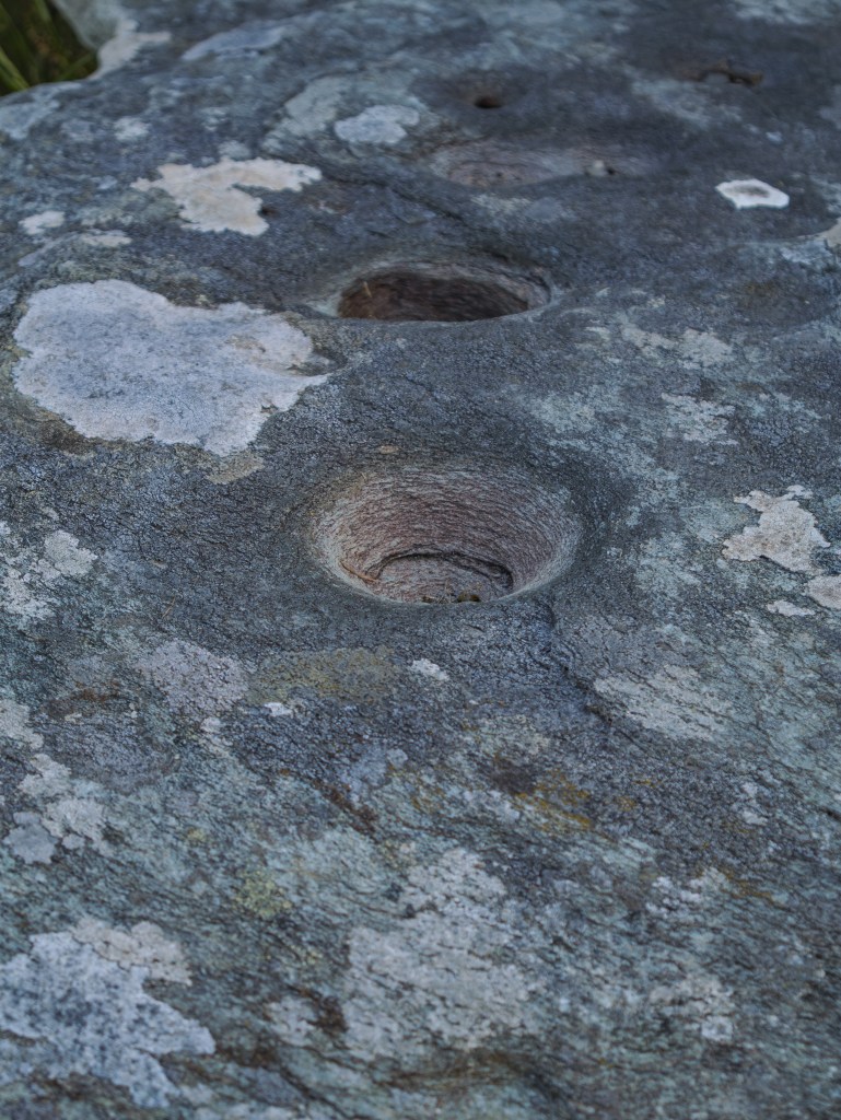 Nahaufnahme eines prähistorischen Cup-and-Ring-Steins mit runden Schalenmarkierungen am Eingang des Knockdrum Stone Forts in West Cork Irland.