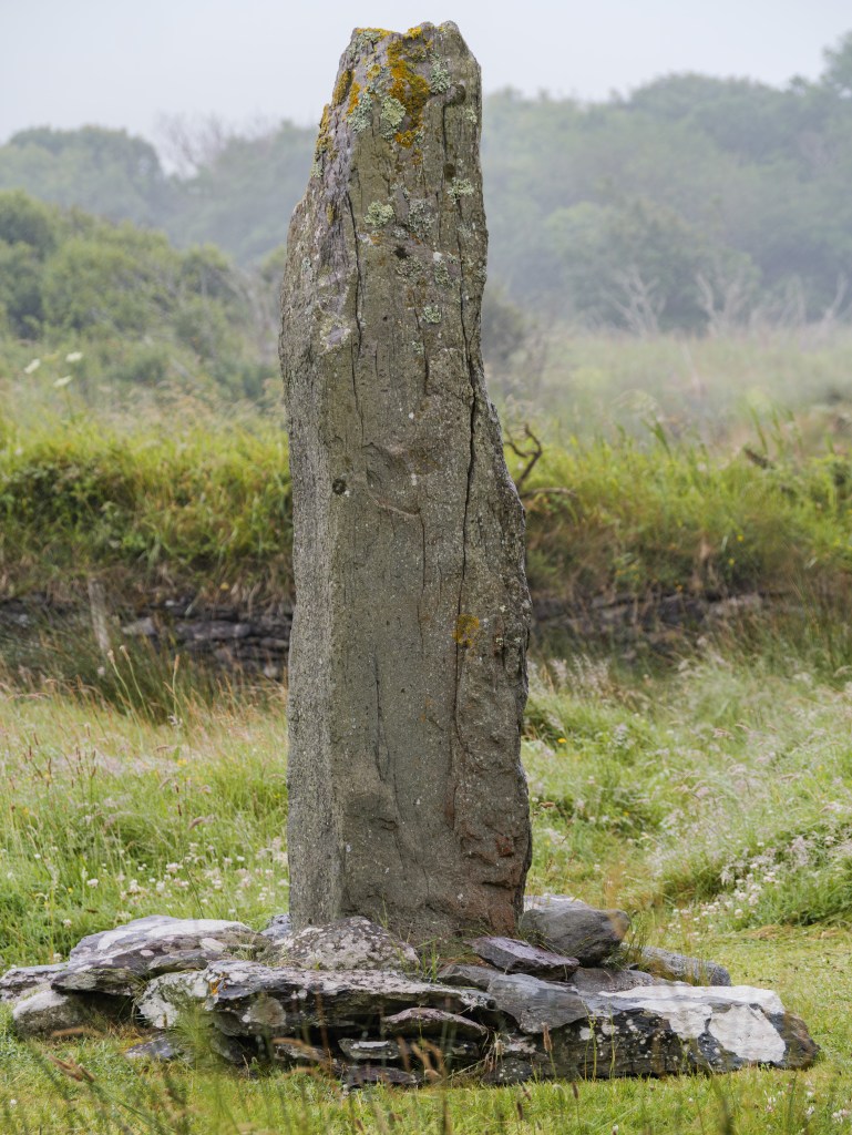 Der historische Sandsteinmonolith Darrynane Beg Ogham Stone am Straßenrand in Irland.